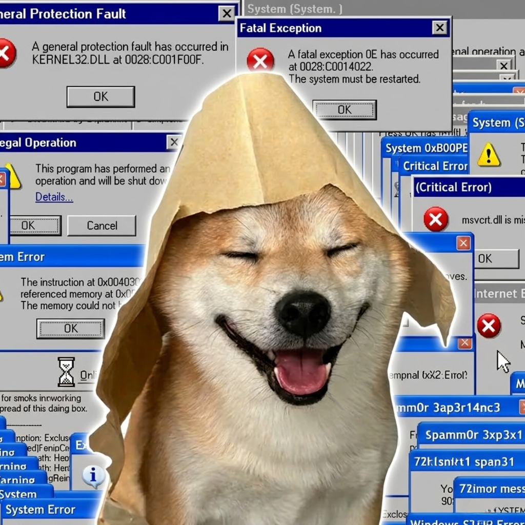 A shiba in a paper bag surrounded by Windows error popups